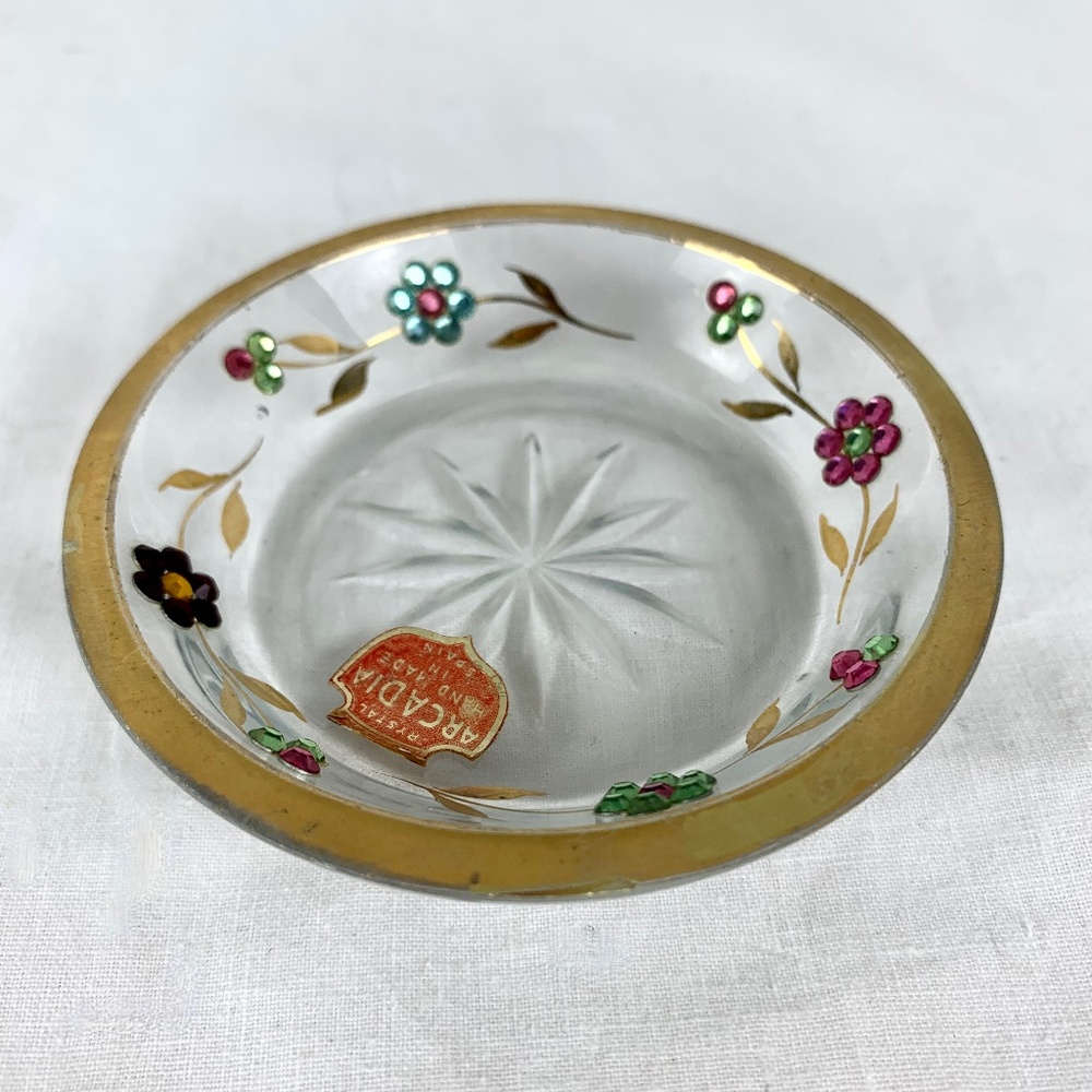 Vintage Crystal Arcadia Sm Ring Dish w Rhinestone Flowers Gold Handmade Spain